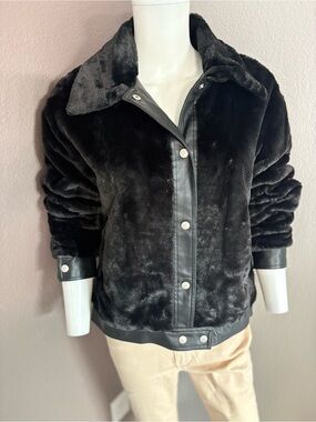 Philosophy Black Faux Fur Teddy Jacket with Leather Trim Details